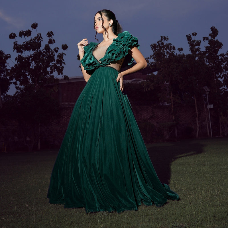 Buy Best Party Wear Gown Dress for Women - Emerald Velvet Enchantment Gown - Tessuto